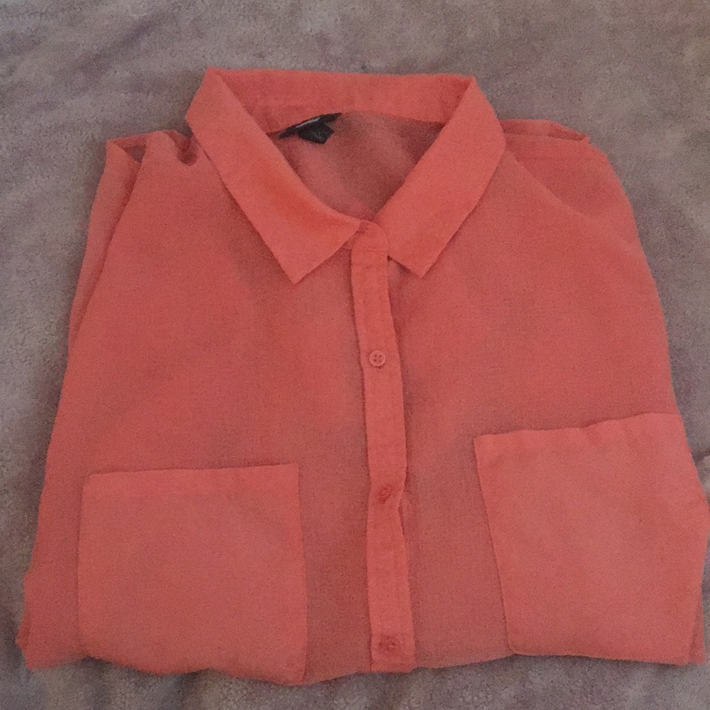 Sheer coral button up collared shirt